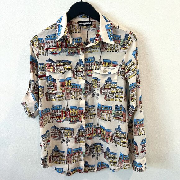 Karl Lagerfeld Whimsical Safari Style Button Down Shirt Paris Roll Tab Colorful - Picture 1 of 10